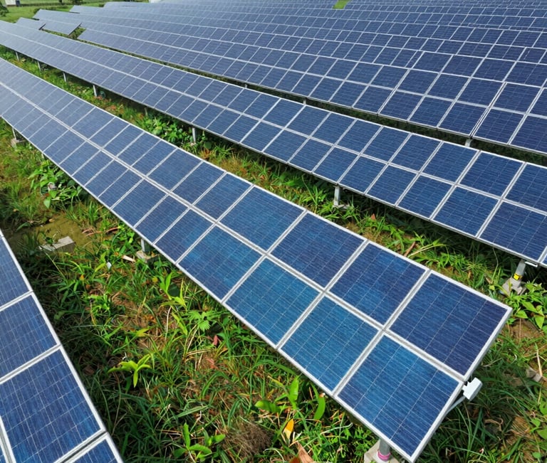 aerial photography of grass field with teal blue solar panels