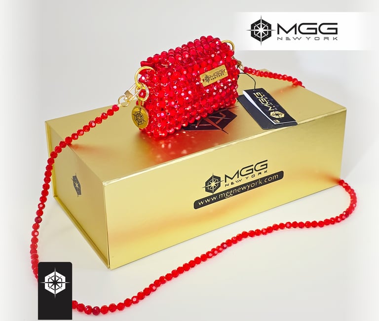 Handcrafted coral red crystal beaded handbag, Mini Sirius model by MGG New York