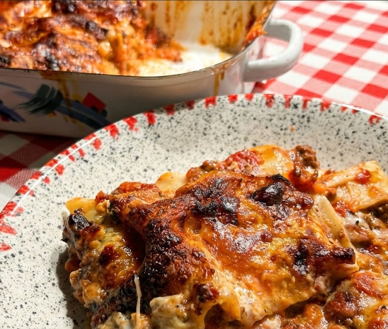 A serving of homemade meat lasagna with melted cheese on a speckled plate with a red checkered tablecloth.
