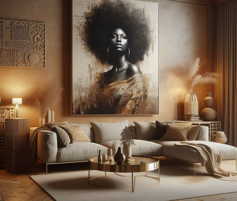 a living room with a couch and a painting