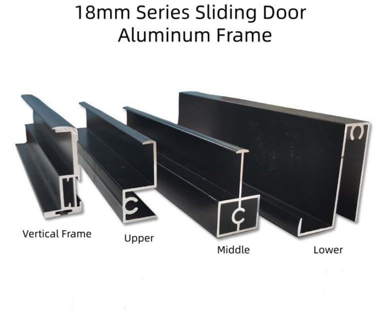 18mm series sliding door aluminum frame set showing tracks, multi-color options, and semi-concealed design for closet doors