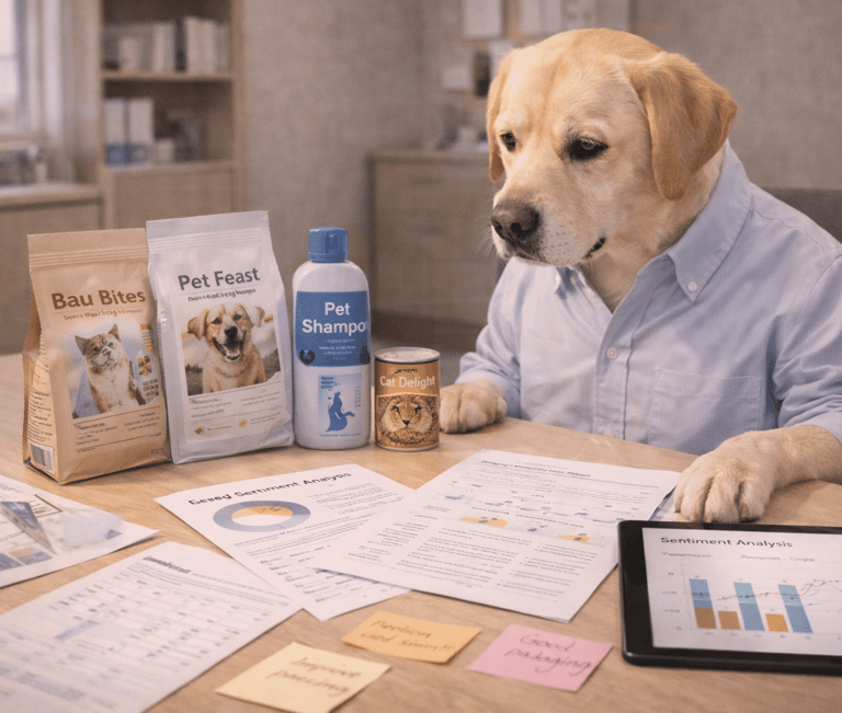 A Labrador in a blue shirt reviewing pet food products and business data analytics.