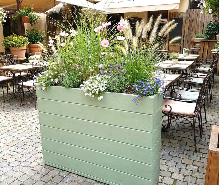 tall restaurant planter on wheels shallow bottom WOODEN OUTDOOR PLANTER GARDEN SOLID WOOD HANDMADE UK LONDON THROUGH