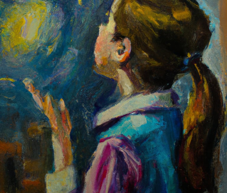 a painting of a girl looking at a moon