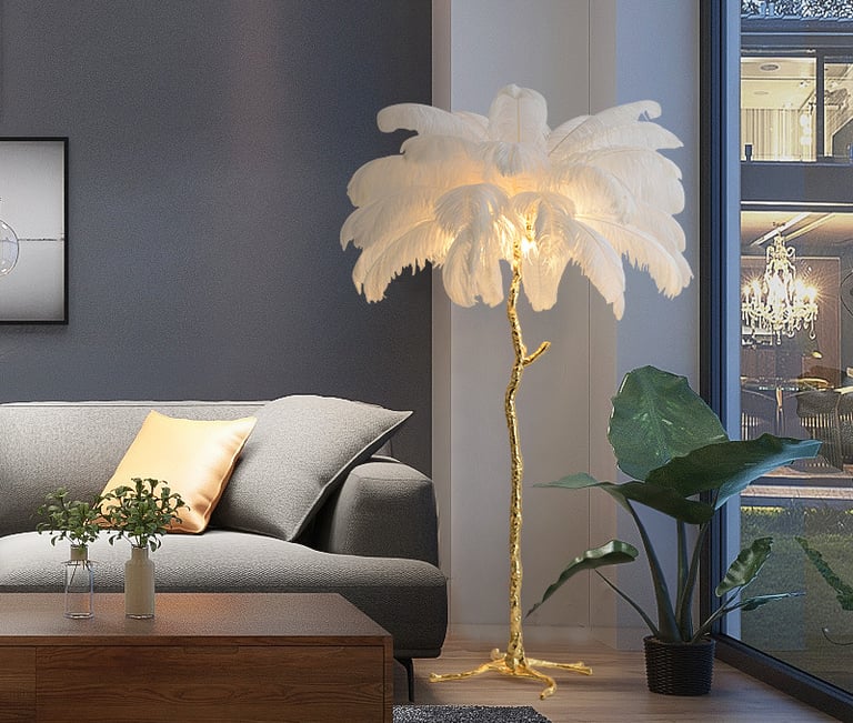 MNK-FL135 resin ostrich feather retro floor lamp white feather bedroom lamp