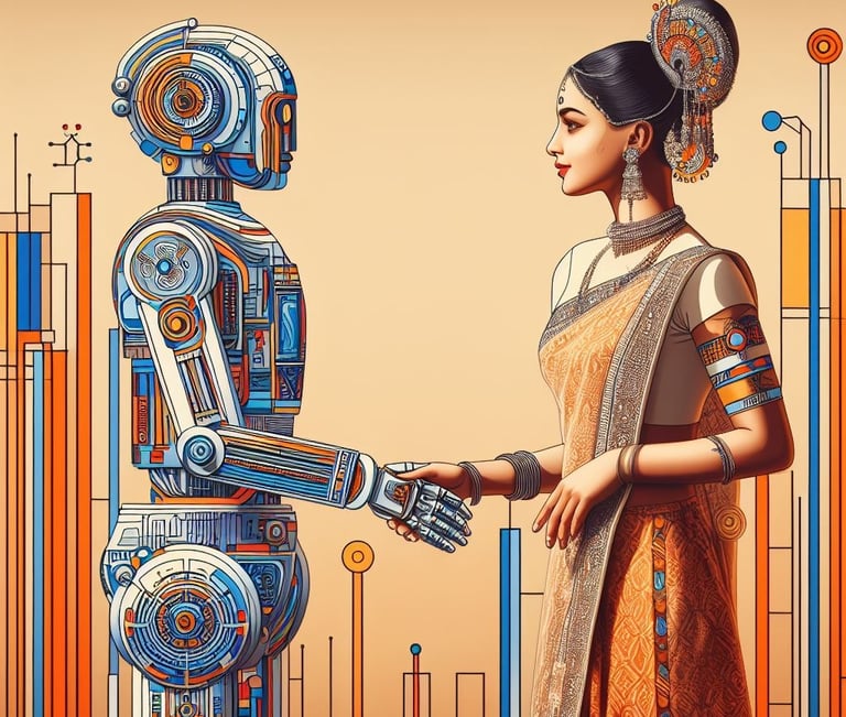 Colourful robot shaking hands with a woman