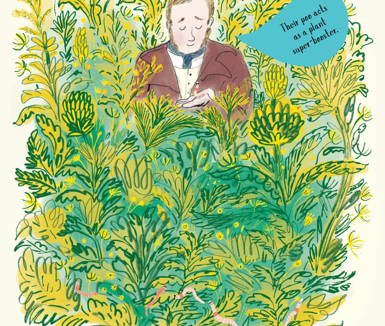 Illustration from Darwin's Super-Pooping Worm Spectacular: Darwin hold a worm. Plant super-booster.