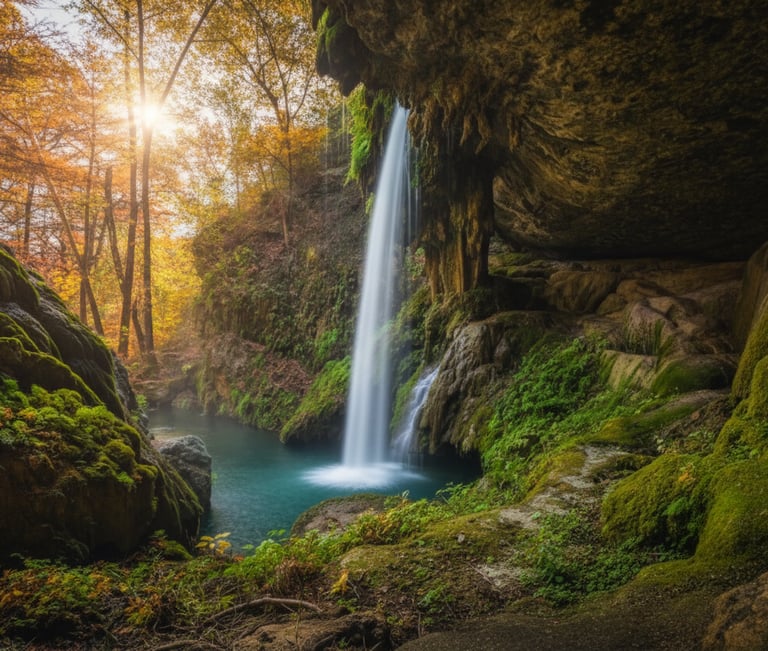 a waterfall in a cave with a waterfall in the background