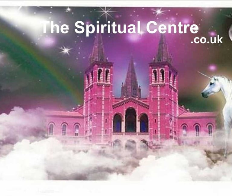 The Spiritual Centre, a pink building in clouds with rainbows and unicorn