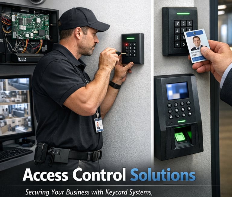 Security technician installing an access control keypad and wiring inside a surveillance‑equipped co