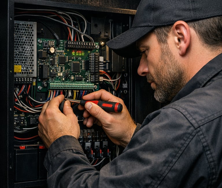 Access control panel with a technician adjusting components and wiring