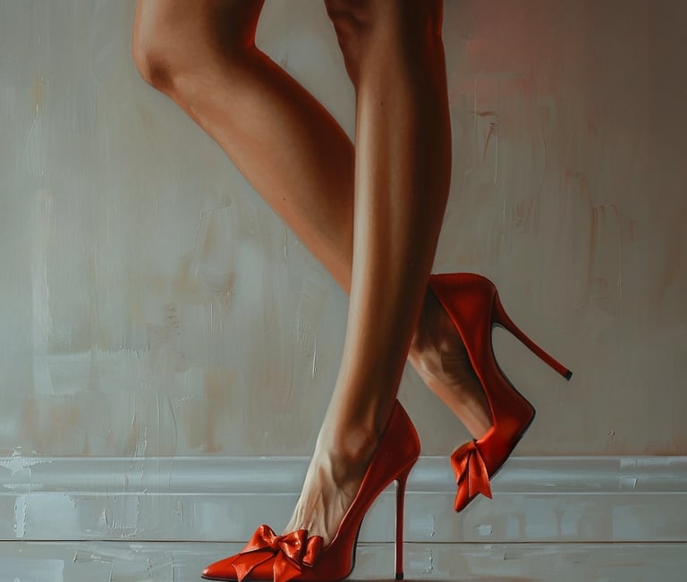 a oil painting of a woman's legs in red shoes