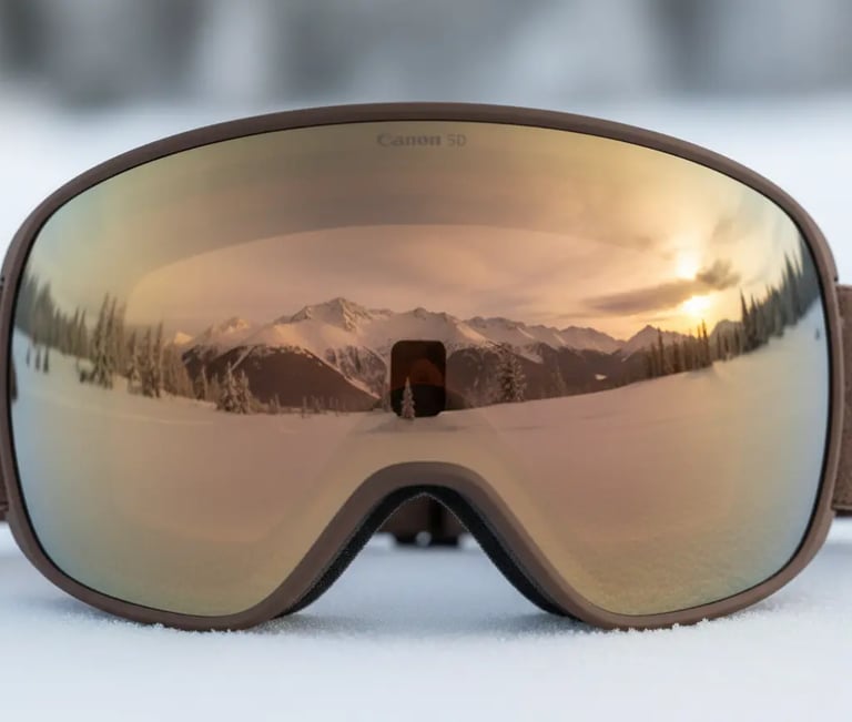 Close up of ski goggles with amber lens and brown strap reflecting snowy mountains and sunset.