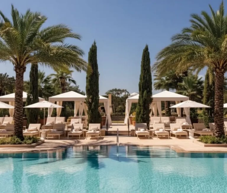 Luxury resort swimming pool in Orlando surrounded by palm trees and private white cabanas. The perfe