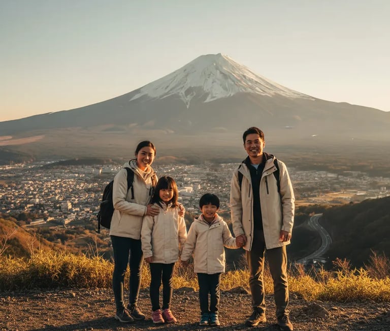 Happy family of four posing for a portrait on a hill with a breathtaking view of Mount Fuji in the b