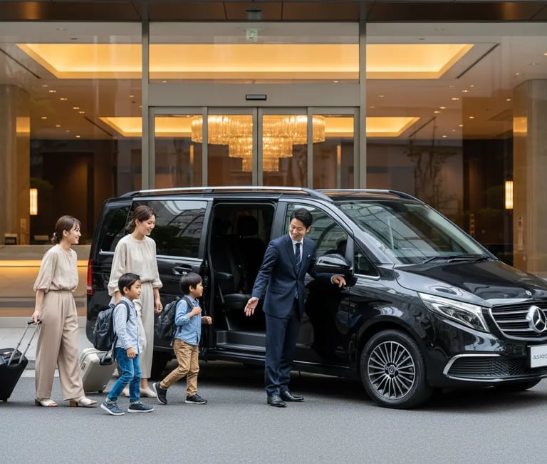 Professional driver opening the door of a luxury black van for a family with luggage at a hotel entr