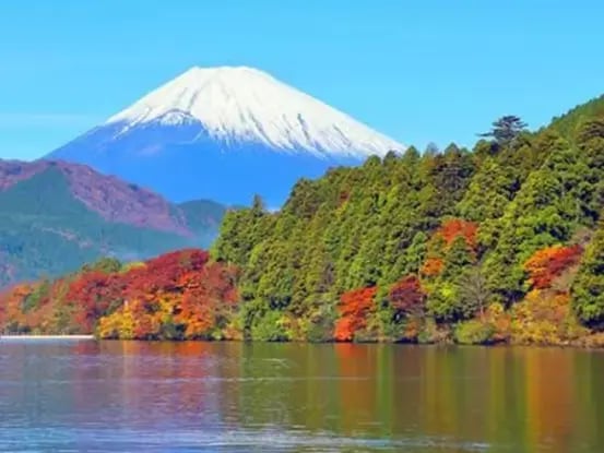 Mount Fuji reflected on Lake Ashi in autumn, Hakone