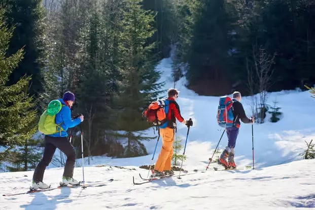 Small group of beginner skiers in Stubai Valley, Austria.