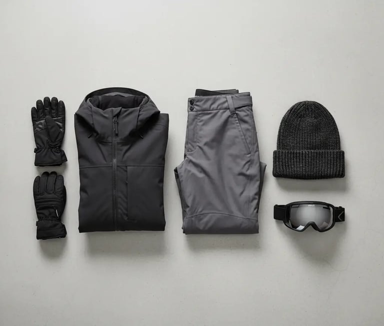 Flat lay of a monochromatic ski outfit featuring a charcoal puffer jacket, gray ski pants, black glo