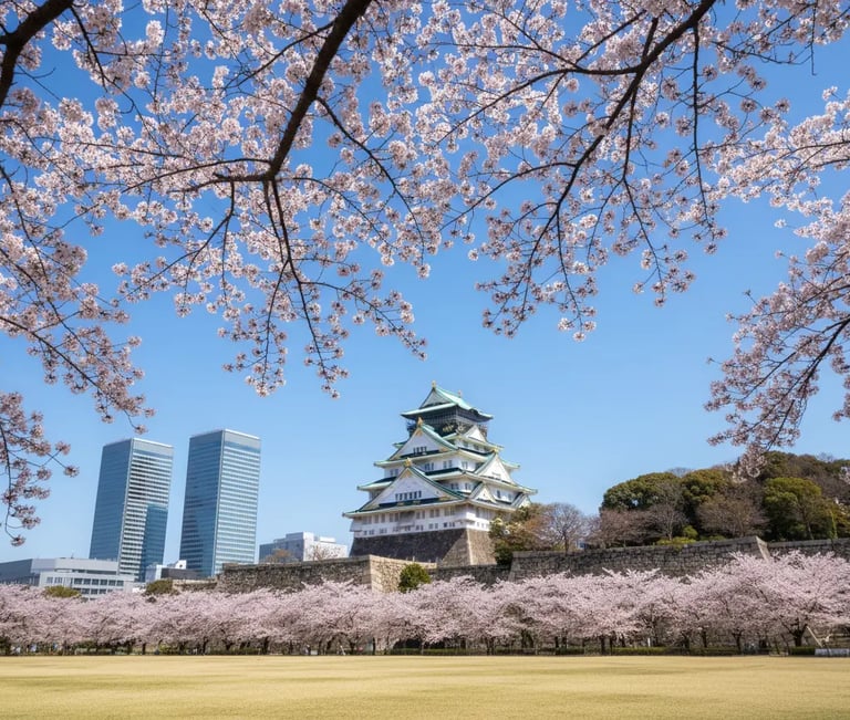 Osaka Castle surrounded by blooming cherry blossoms in spring