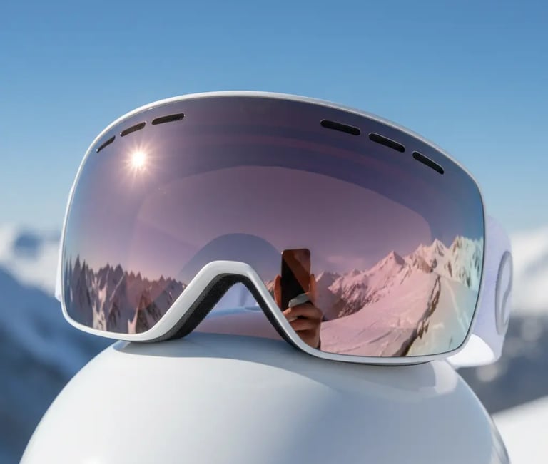 Stylish pink and white ski accessories featuring reflective goggles on a helmet for a chic winter lo