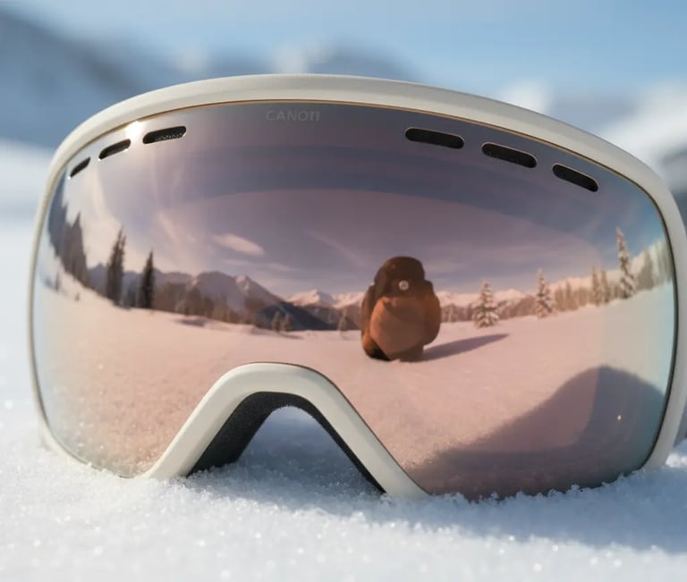 Luxury rose-gold mirrored ski goggles with white strap, essential designer-style ski equipment.