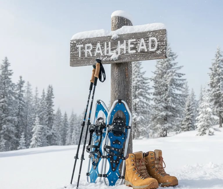Snowshoes, poles, and hiking boots at a trailhead, representing the gear provided on the tour.