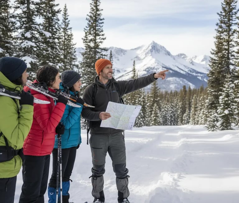 Local professional guide pointing out mountain peaks to guests during a Summit County snowshoe tour.