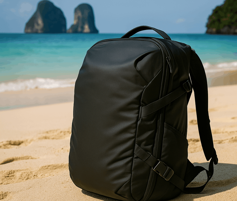 Peak Design Backpack sitting on the golden sands of a Thai Beach with the ocean in the background