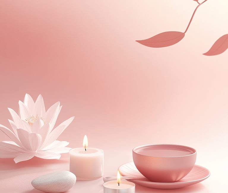 Ambiance chaleureuse avec une fleur de lotus, une bougie, une tasse avec une couleur rose poudrée