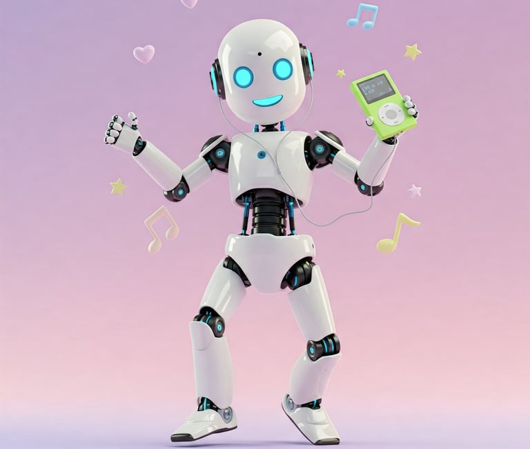 Robot humanoide bailando con un MP3 en la mano.