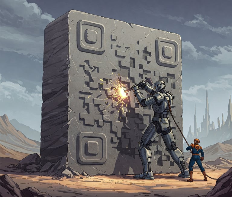 Robot humanoide gigante tallando en piedra un código QR.