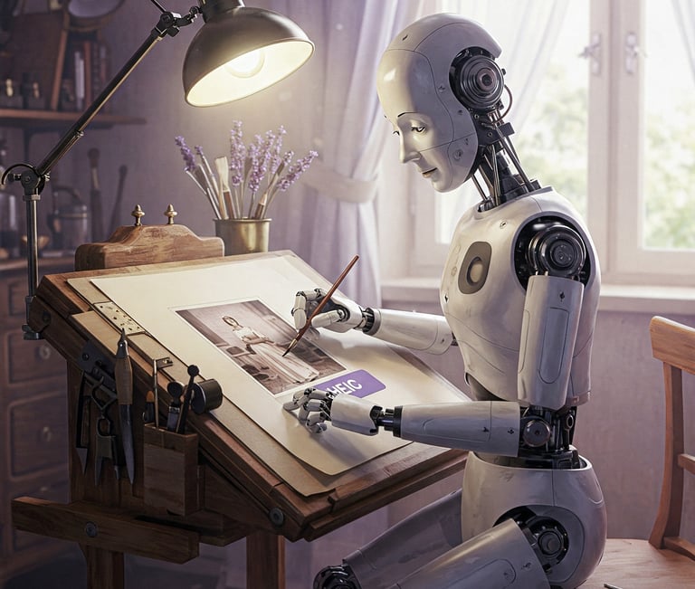 Robot humanoide reproduciendo una foto HEIC sobre una mesa de dibujo.