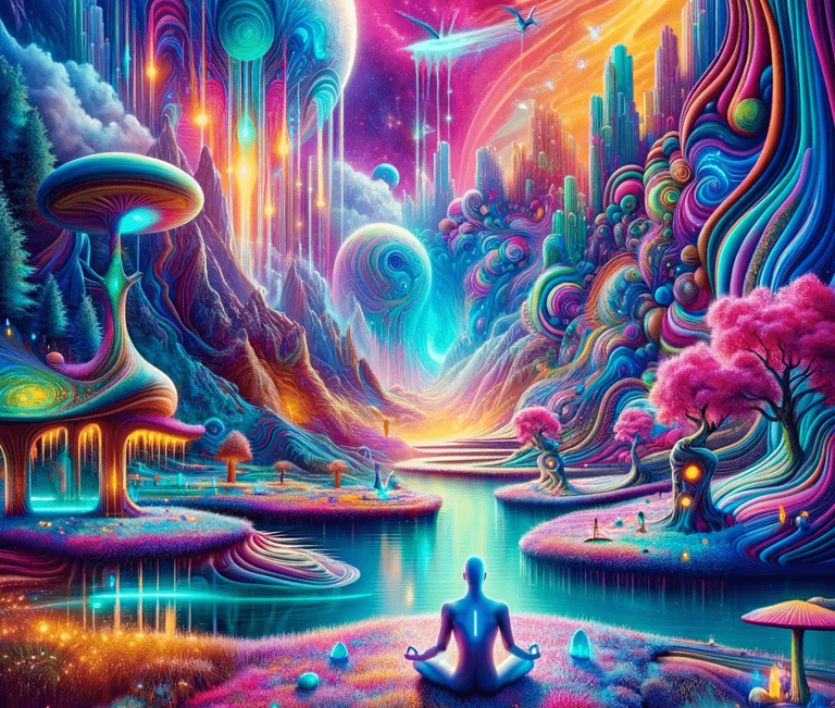 a man sitting in a lotus position on a colorful psychedelic psychedelic psychedelic psychedelic psychedelic psychedelic