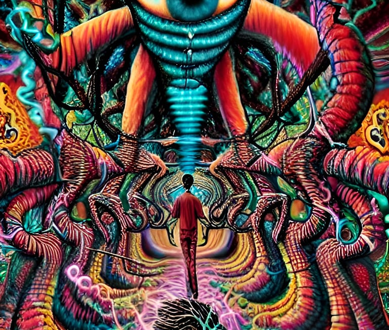 a man standing in front of a painting of a giant eyeball