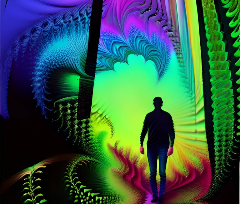 a man walking down a path with a colorful light