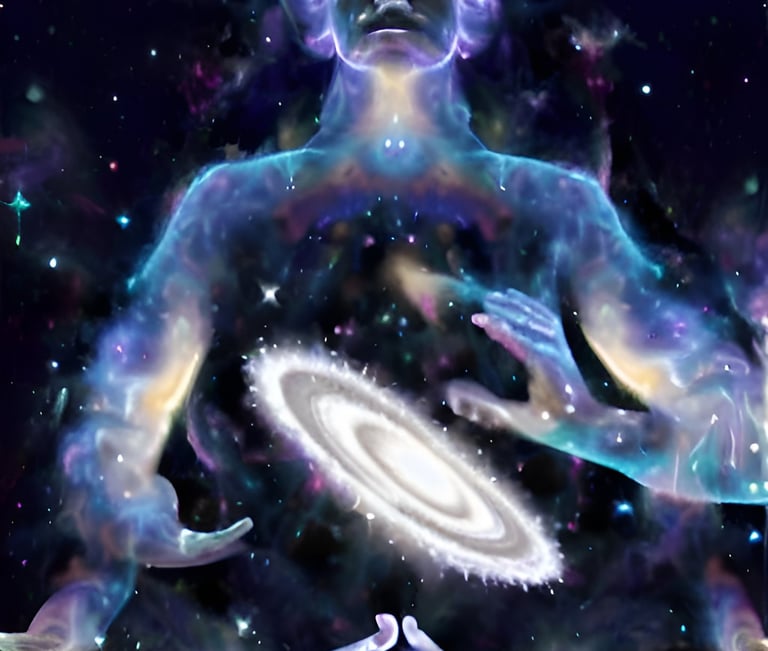 a man sitting in a meditation position with a galaxy - like body