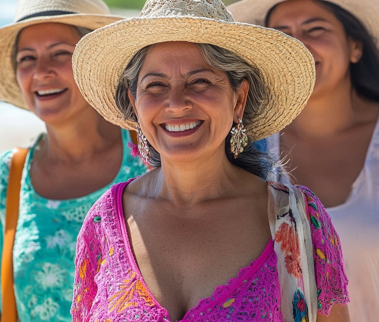Tres mujeres mayores sonriendo en la playa con sombrero 