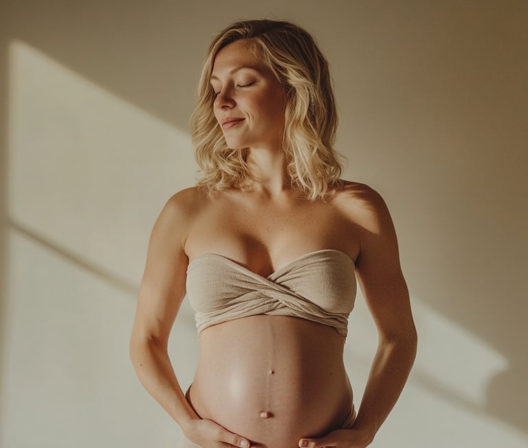 Fotografía de una mujer embarazada usando un top y tocando su vientre 