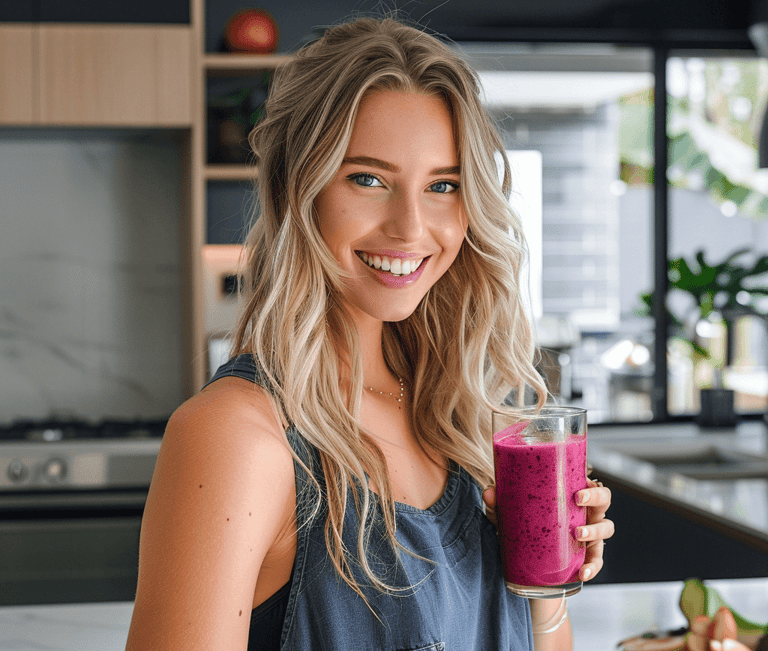 a woman holding a glass of fruit juice