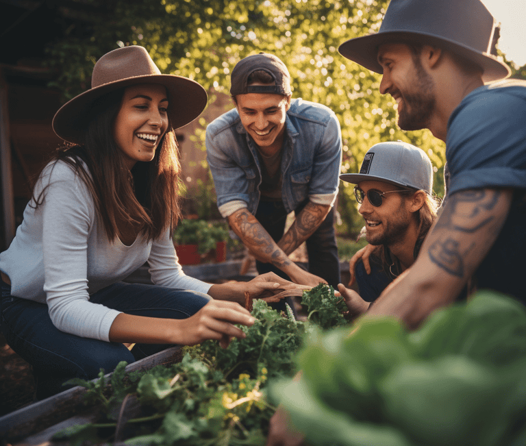Group of men and women growing kale at the community garden