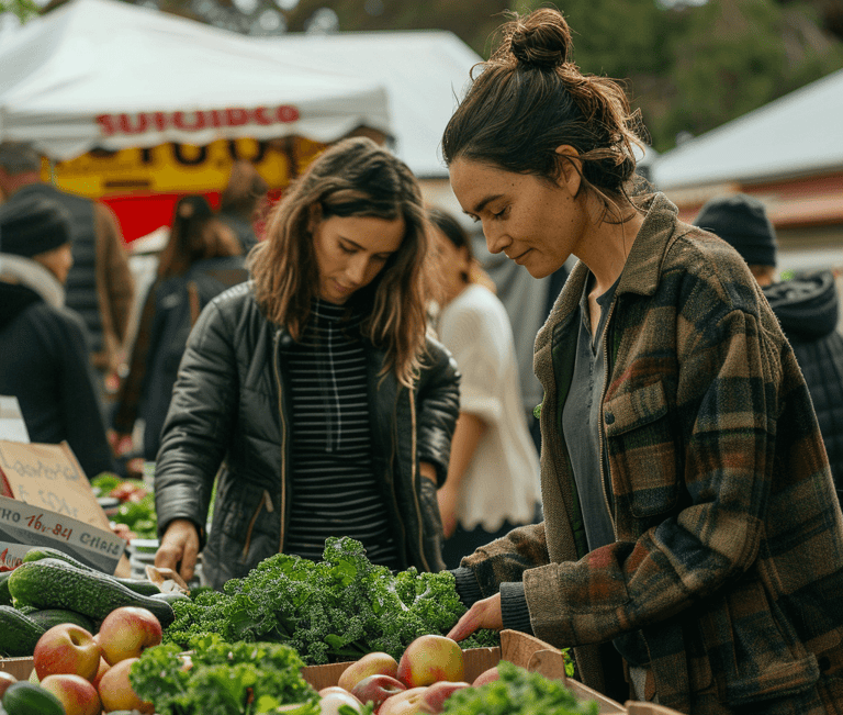 a woman is standing in front of a table with a variety of vegetables
