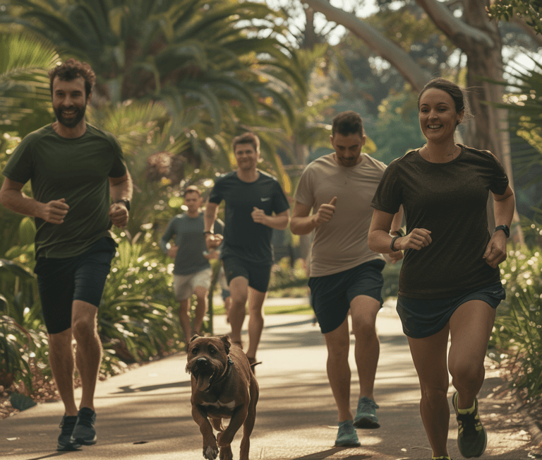 a man and woman running in a park