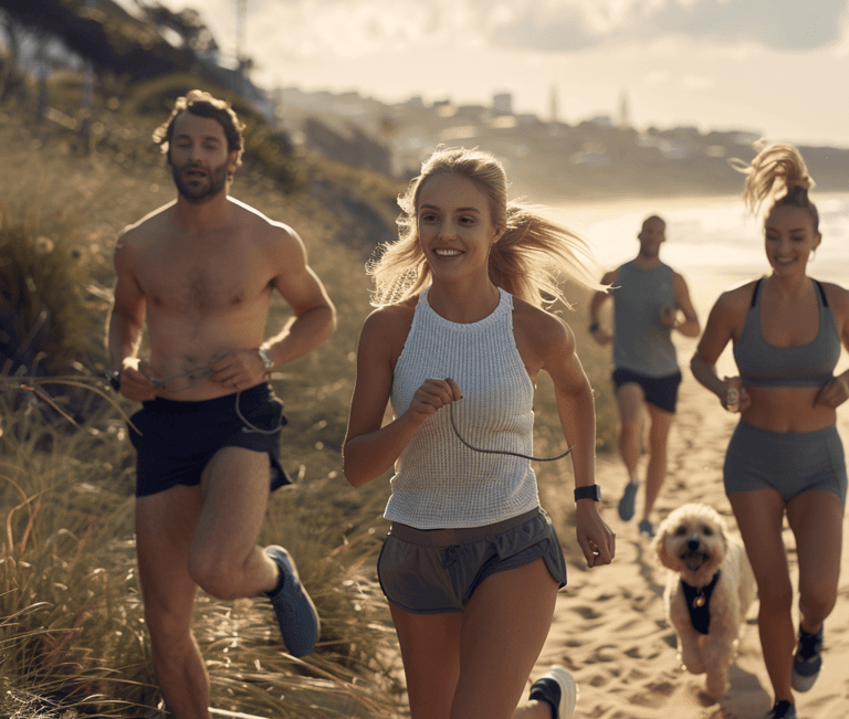 a group of people running on a beach