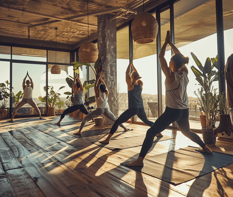 a group of people doing yoga in a room