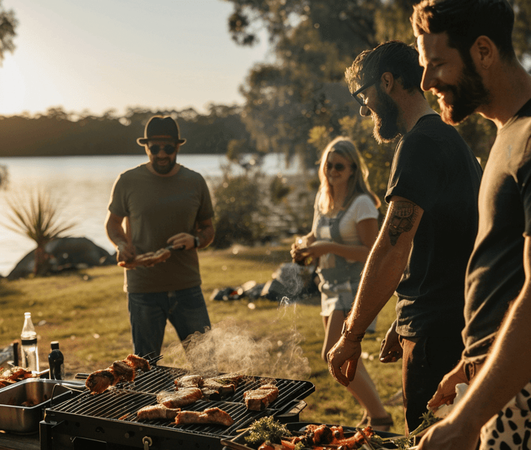 a group of people standing around a grill