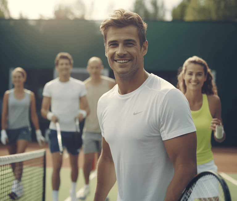 Group of men and women enjoying a game of tennis