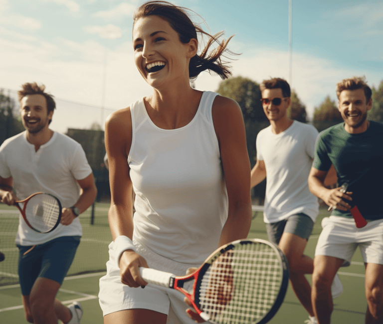 Group of men and women playing tennis