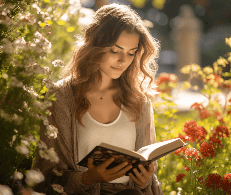 a woman sitting on a bench reading a book