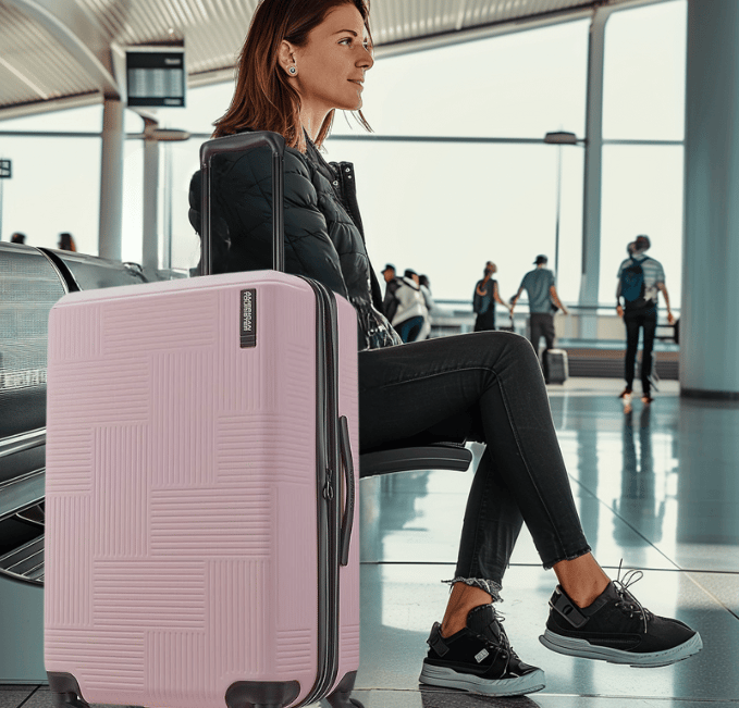 a woman sitting on a bench in a airport